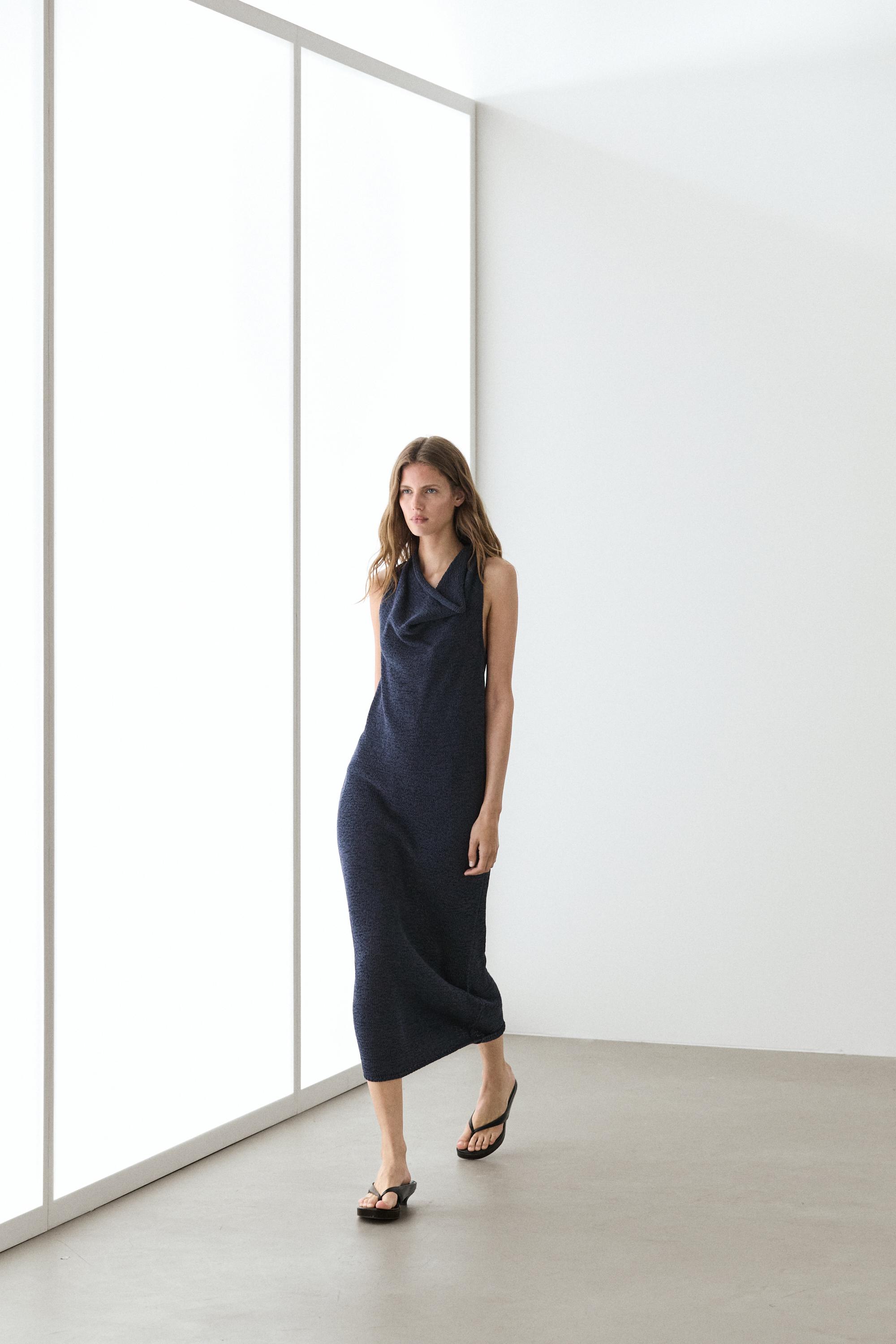 Knit midi dress with draped neckline